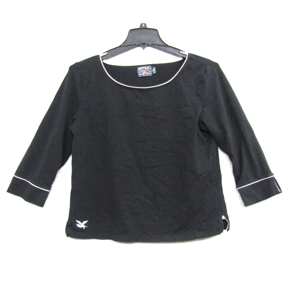 American Living Womens XL Black Blouse Shirt 3/4 Sleeve Round Neck Preppy Top